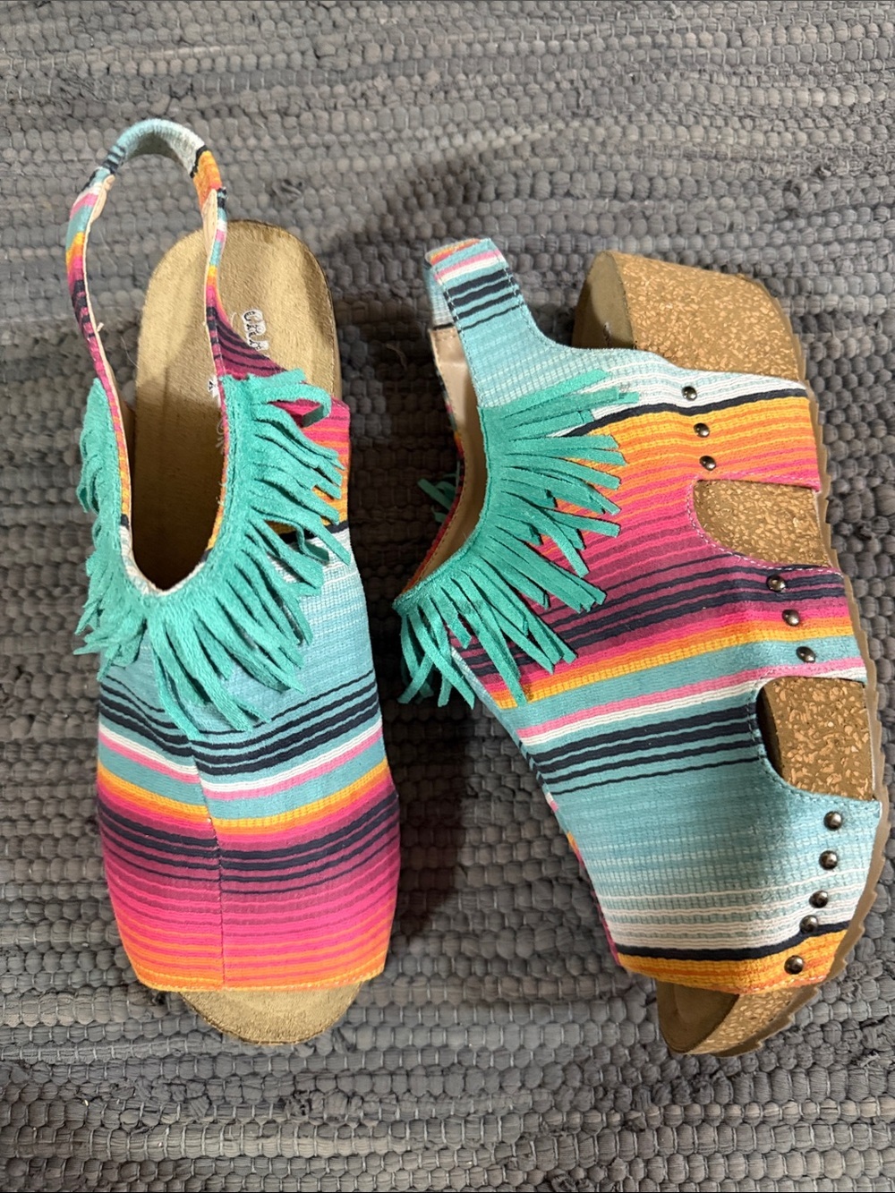 Women's Multicolor Fringe Cork Wedge Sandals